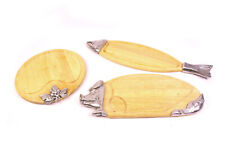 3 Schneidebretter Servierplatten Holz Aluminium Schwein Fisch Lachs Wein Vintage