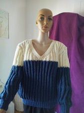 pullover handarbeit damen,Gr 40, Blau -Creme, Myboshi Wolle