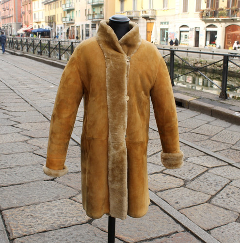 Damen beige ledermantel - , pelz