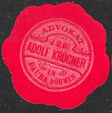 Papiersiegel Dauba Böhmen JUDr. Adolf Krügner Advokat Dubá  Böhm. Leipa Vignette