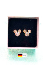 Micky Maus Ohrringe vergoldet mit Glitzer Effekt in einer weißen Schachtel