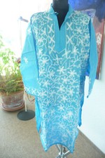 Tunika, indisch, hellblau, Gr. L, knielang, Kurbelstickerei,Langarm