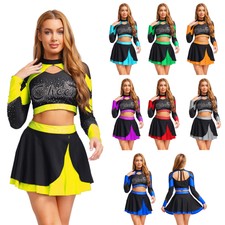 DE iEFiEL Damen Glitzer Cheer Leader Uniform Langarm Top +Mini Rock Tanzkostüm