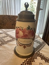 Biedermeier  Bierkrug aus Milchglas Hochzeitskrug  bemalt mit Zinndeckel!Hutter