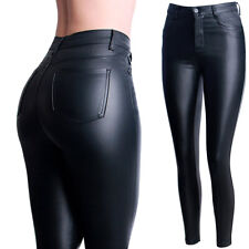 Damen Skinny Hose Lederoptik Glanz Wet Look High Waist Stretch Treggings 