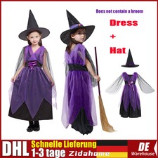 Hexen Kostüm Kinder Mädchen Halloween Karneval +Hut Cosplay Fasching Party Kleid