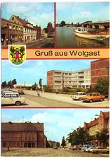 AK Wolgast, u.a. Straße der Befreiung, Karl-Liebknecht-Platz, An der Peene