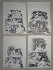 Szene im Wirtshaus - Skizzen Leute - 4 monogr. Tuschzeichnungen - 1981
