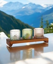 EDLER 3-er Kerzenständer ELAMBIA Luxus Teelichthalter Holz 3-farbige Gläser QVC