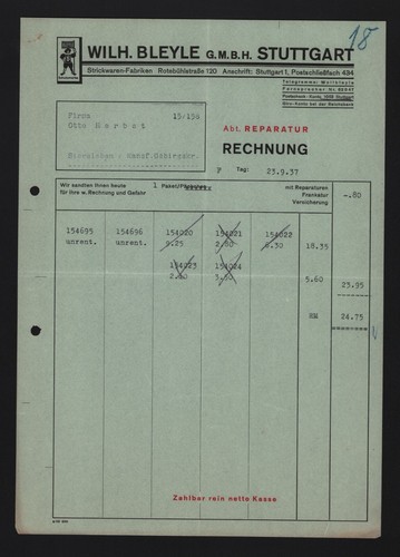 Stuttgart rechnung 1937 - stuttgart,,