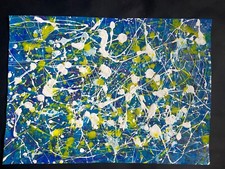 Jackson Pollock Original Handbemalt Abstrakt Expressionist Blau Gelb A78
