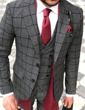 DESIGNER BUSINESS GRAU KARIERT HERRENANZUG SAKKO HOSE WESTE TAILLIERT SLIM FIT 