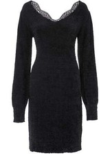 Strickkleid mit Spitze in Kurzgrößen Gr. 40/42 Schwarz Langarm Partykleid Neu