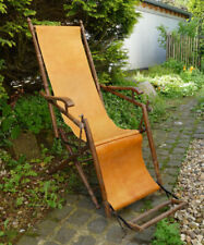 Historismus Liegestuhl, Deckchair, verstellbar, Lederbezug, gedrechselt