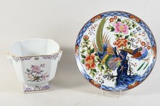 Q40S37- 2x Asiatika Porzellan Teller Cachepot mit Naturmotiv 1x handbemalt