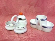 2 antike Menage Porzellan Salz Pfeffer Senf blauer brauner Rand rot alt 16704 