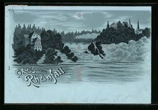 Mondschein-Lithographie Schaffhausen, der schäumende Rheinfall im Silberlicht d 