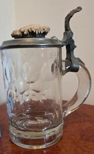 Alter Bierkrug Glas 0 5l Zinndeckel mit Hornschnitzerei Motiv Hund Antik Sammler