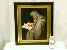 Vintage bemalter Mönch an Bord von F. Maine in lila Gewand Lesebuch gerahmt