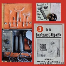 OMEGA Hochfrequenz Apparat Glas Elektroden Kugelo uralter Koffer defekt mit Heft