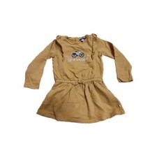 Langarmkleid Gr. 110 Okaidi Senf m. Rüschen, Fahrradstickerei & Schriftzug sehr