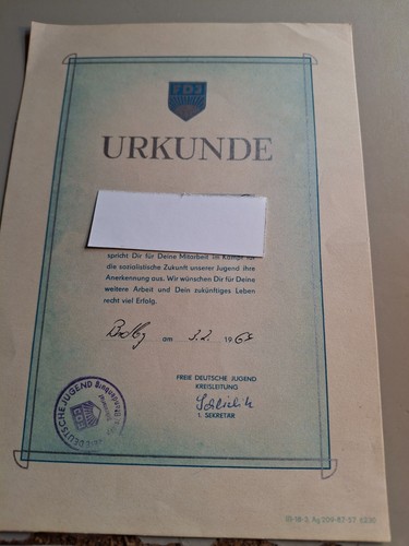 Alte urkunde ddr - alte, 1963