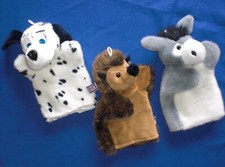 3 Kuschelwuschel Handpuppen Tiere - Esel Igel Hund - Puppenspiel - Dalmatiner