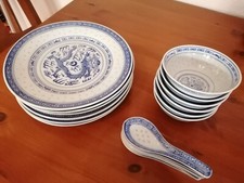 China Porzellan Service weiß blau Reiskorn Drache 6 Pers. Teller Schüssel Löffel