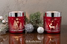 2 Deko Teelichthalter Glas Kerze Teelicht Windlicht Weihnachten Silber Rot