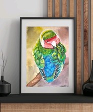 Papagei Aquarellgemälde Original A5, Vogel Kunst, Wasserfarben Bilder, Deko