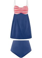 2-tlg Long Tankini mit Retro-Charme Gr. 36 Blau Weiß Rot Bademode Badeanzug Neu