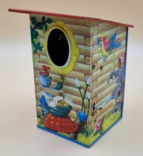 Mechanische Spardose, Sparbüchse farbig lithografiert, Vögelchen nimmt Geldstück