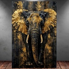 LEINWAND BILD ER XXL ABSTRAKT ELEFANT SCHWARZ GOLD FARBSPRITZER WAND POSTER 1159