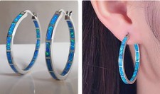 Große Blau Opal Creolen Feueropal Huggies Opal Hoops Silber Edelstahl Reifen