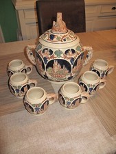 Steingut Bowle Set/ Rumtopf,  Burgen am Rhein mit 6 Bechern