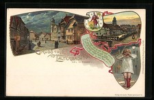 Lithographie Lauterbach, Ortsansichten und weinendes Mädchen mit einem roten St 