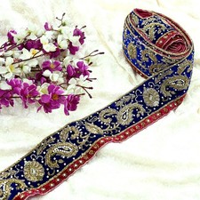 Indischer Vintage blauer Sari Bordüre handbestickt Handarbeit Borte 1 Yard Sp...