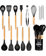 12-teiliges Küchenhelfer Set aus Holz & Silikon, Schwarz, mit Behälter