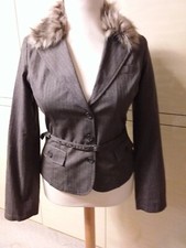 Blazer m. abnehmbaren Kunstfellkragen von Amisu Größe 40, braun graues Fischgrät