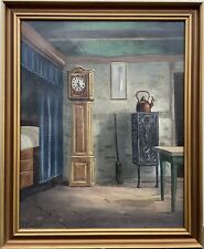 Ölbild Bauernstube Interieur Bett Standuhr Ofen Kupferkessel Besen Tisch 