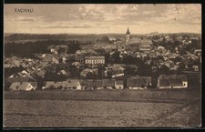 Tachau, Panorama mit Kirche, Ansichtskarte 