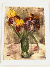 Original Öl Gemälde Bild Blumen Schwertlilien in der Glasvase Signiert Datiert