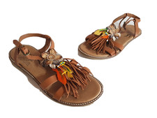 Alba Moda Damen Leder Sandalen mit Fransen und Federn braun-bunt Größe 38 NEU