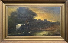 Romantiker Landschaft mit Pferden und Reiter bei Sonnenuntergang Ölbild 19.Jh. 