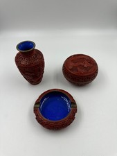 Rotlack China  Messing blau emailliert Handarbeit Vase Deckeldose Aschenbecher