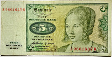 5 Mark 1960 Banknoten BRD Papiergeld Geldschein echt gelaufen