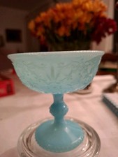 Fußschale Preßglas Vintage Milchig Blau Davidson ? 9x9,5 cm Art Deco