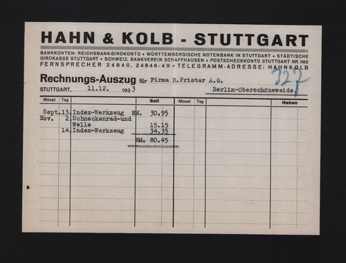 Stuttgart rechnung 1933 - stuttgart,, hahn