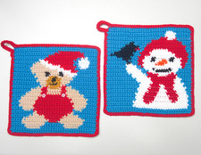 Motiv - Topflappen, Handarbeit, Weihnachtsteddy mit einem Schneemann