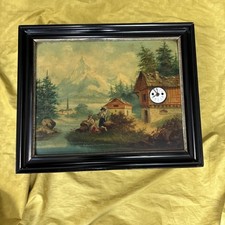 Bilderuhr Öl Blech Wecker Spielwerk Musikwerk Wanduhr Antik Biedermeier Uhr